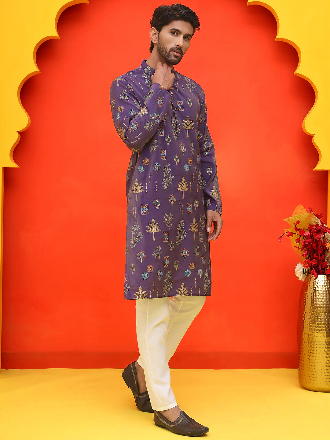 printed silk blend straight kurta set