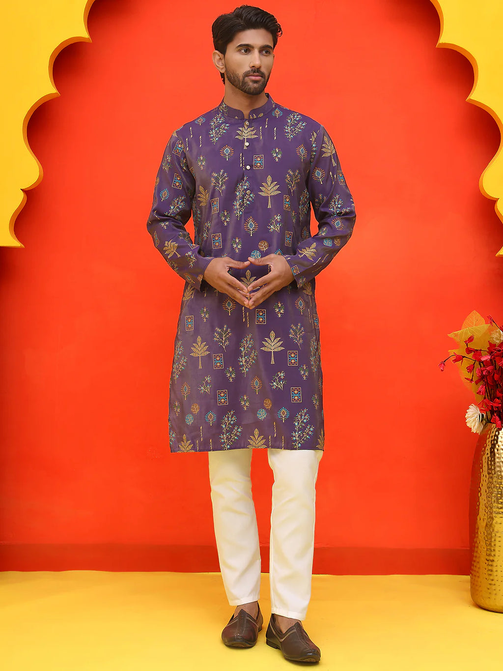 printed silk blend straight kurta set