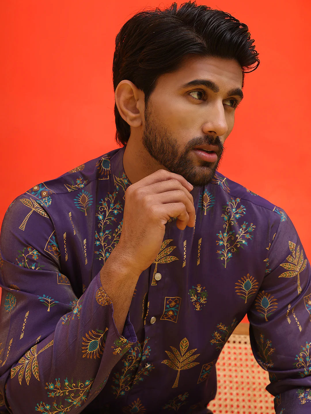 printed silk blend straight kurta set
