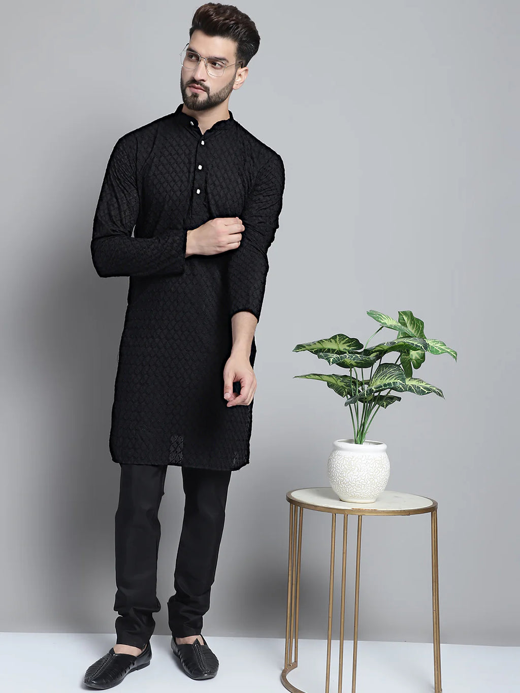 jompers men black chikan kurta with churidar