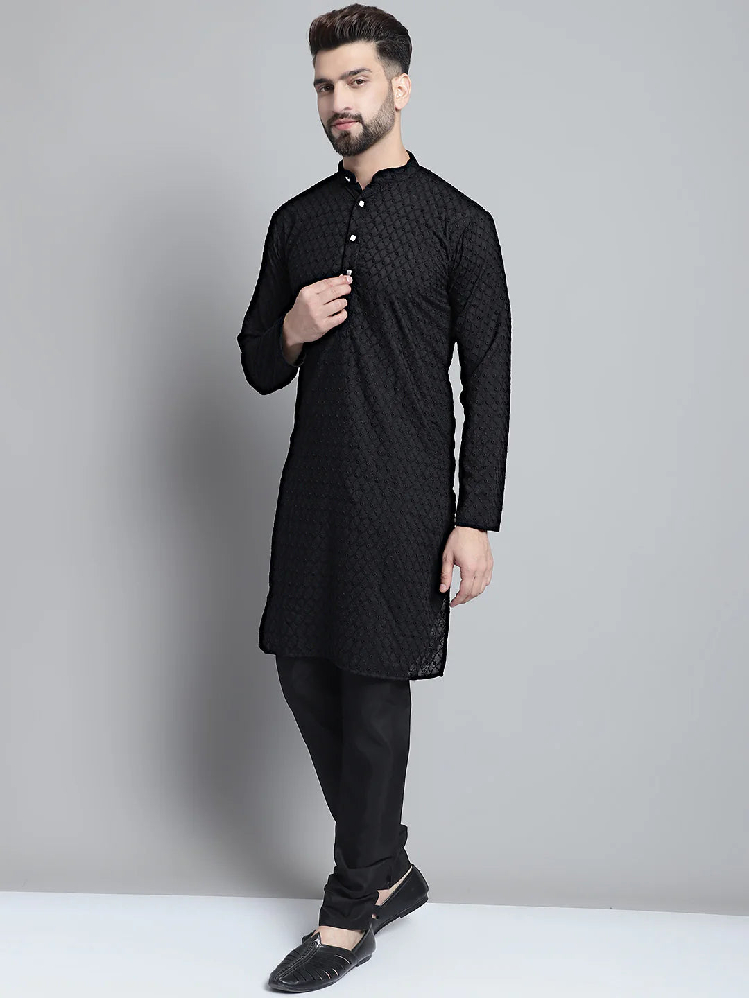jompers men black chikan kurta with churidar