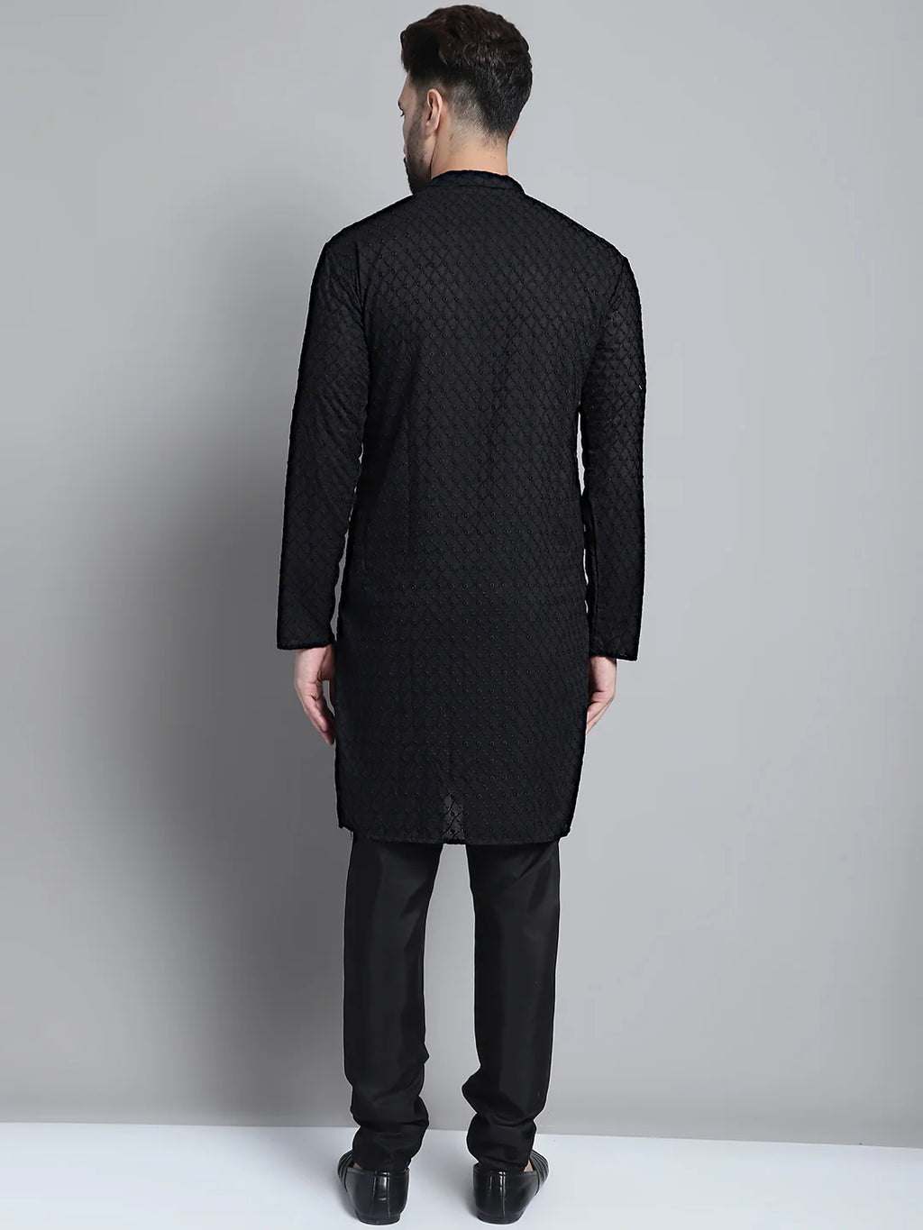 jompers men black chikan kurta with churidar