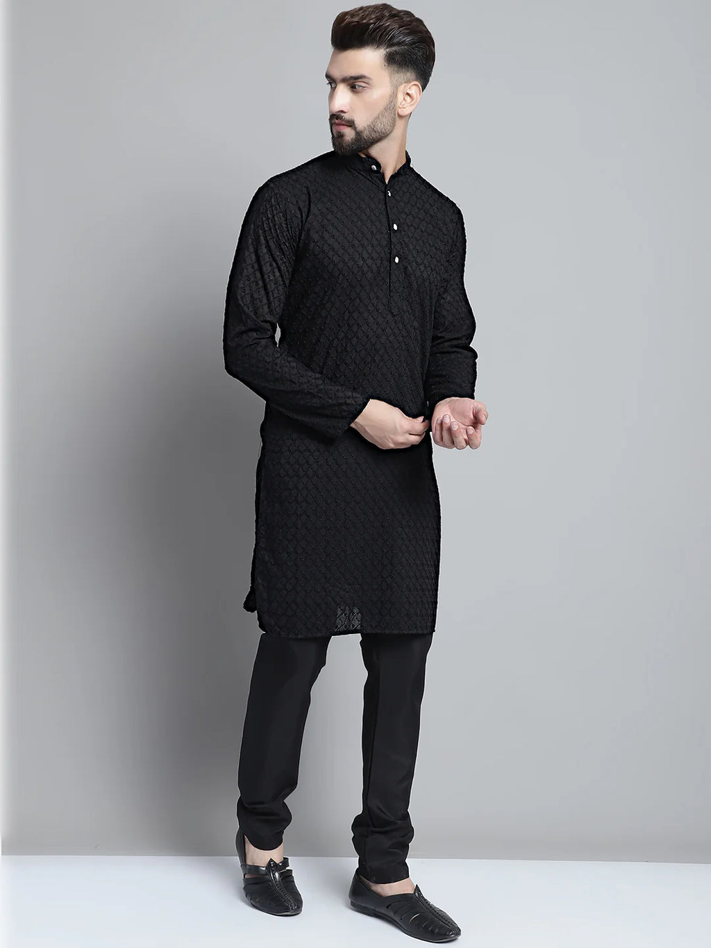 jompers men black chikan kurta with churidar