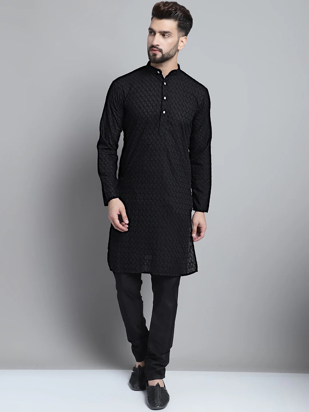 jompers men black chikan kurta with churidar