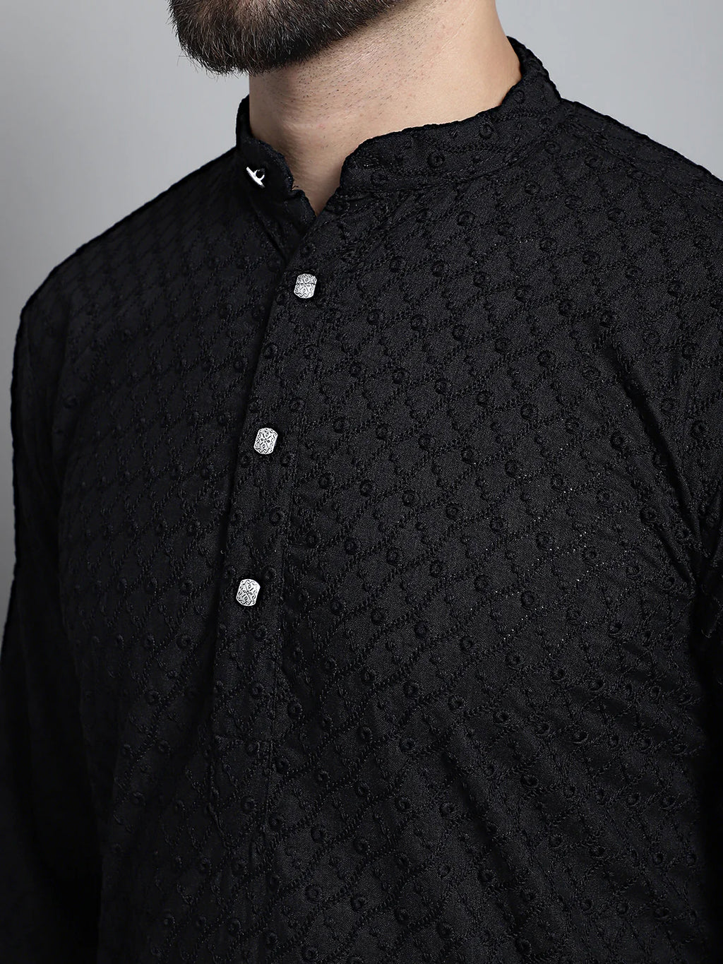 jompers men black chikan kurta with churidar