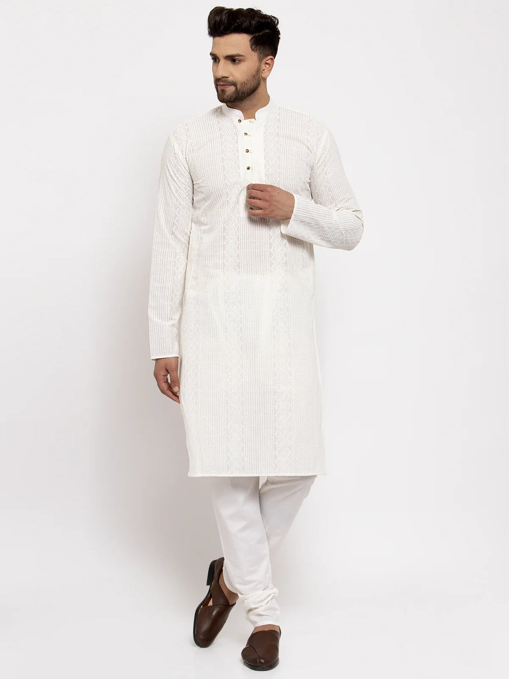 jompers men cream embroidered kurta with pyjamas