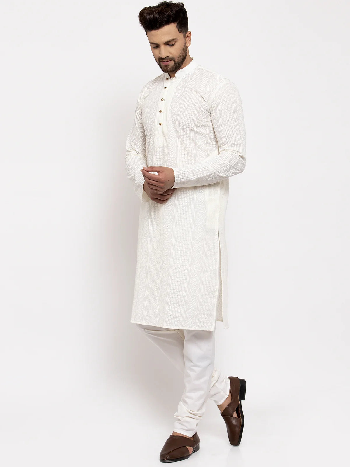jompers men cream embroidered kurta with pyjamas