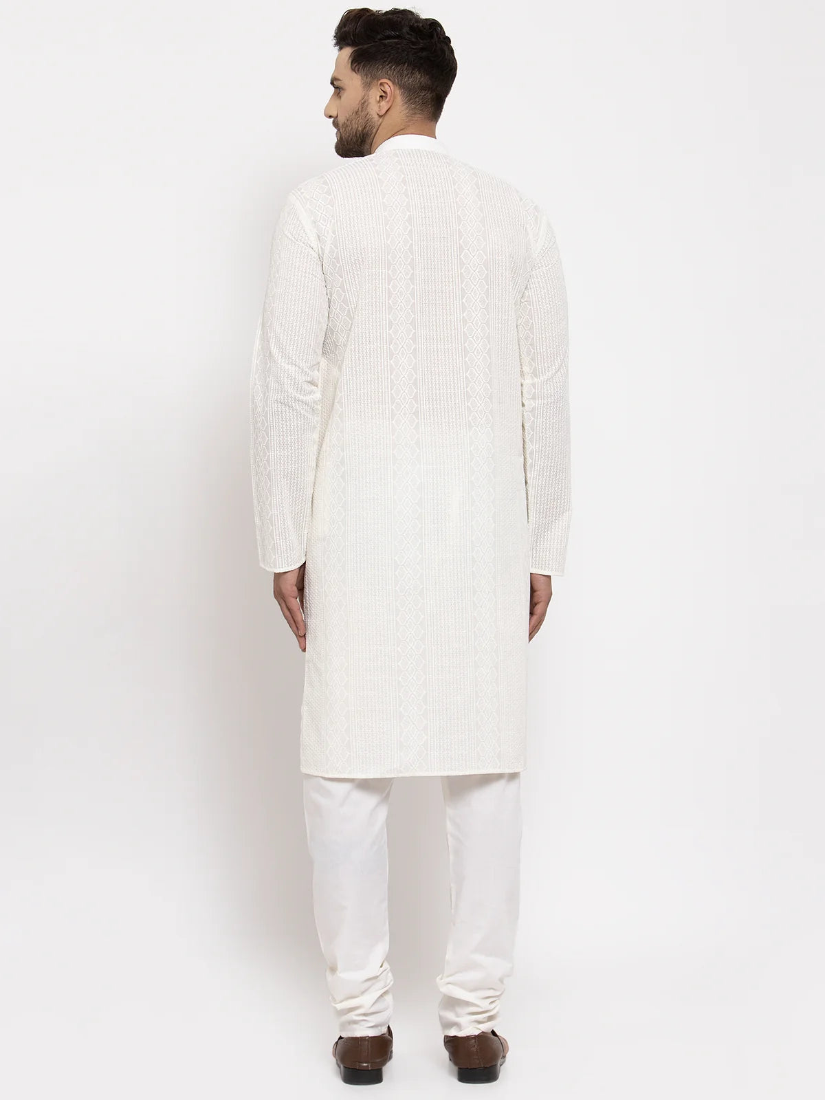 jompers men cream embroidered kurta with pyjamas