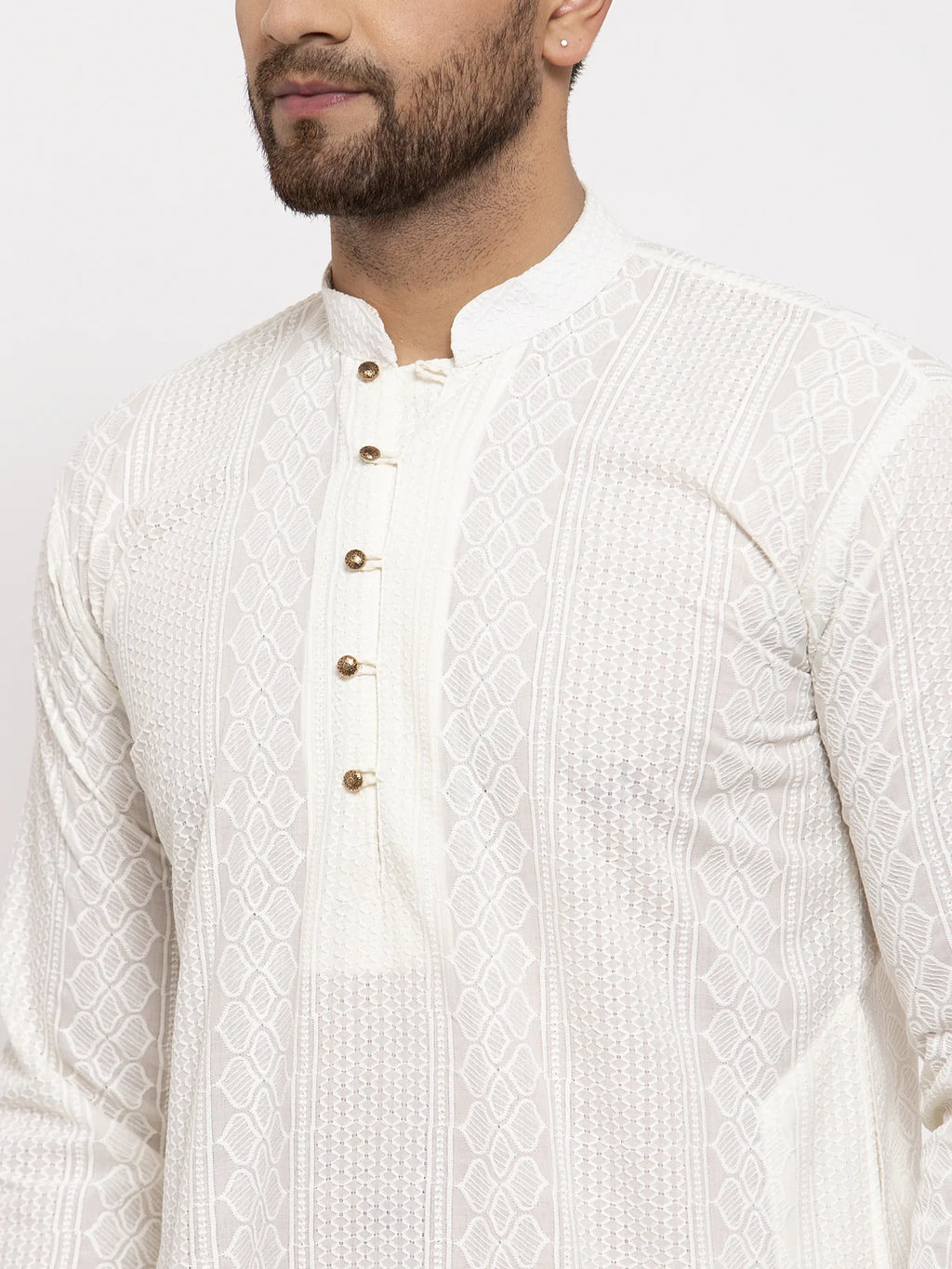 jompers men cream embroidered kurta with pyjamas