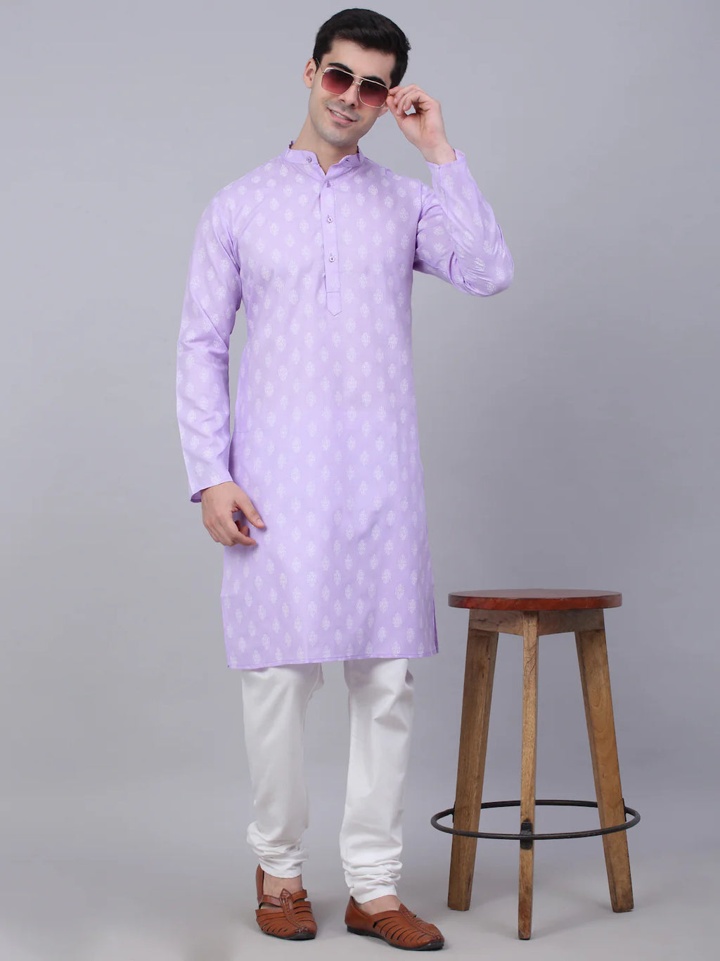 mens cotton floral printed kurta pyjama set purple
