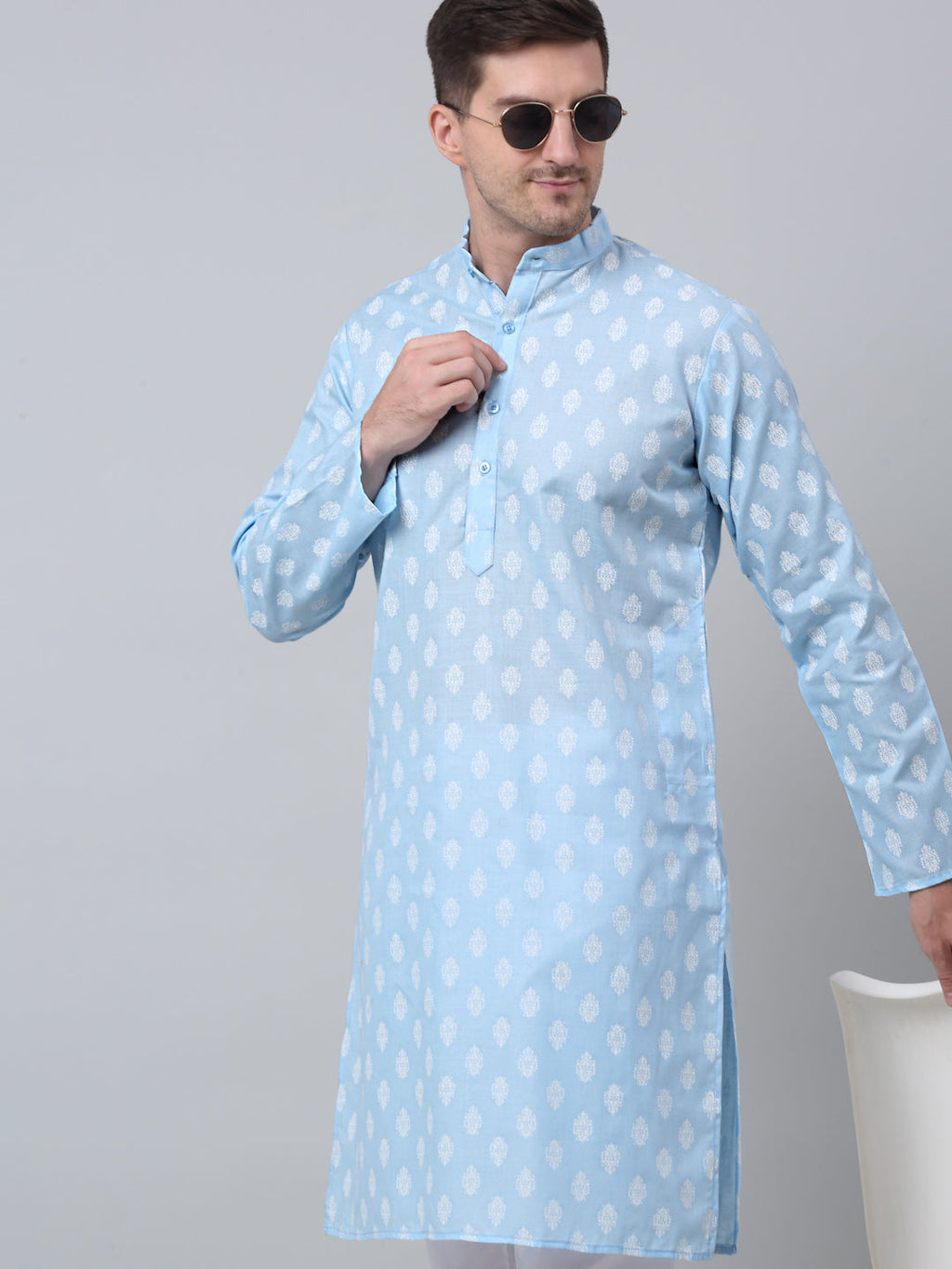 jompers mens sky cotton floral printed kurta pyjama set