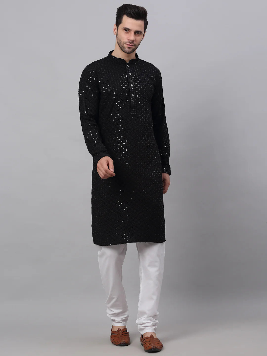 men black chikankari embroidered sequins kurta with churidar