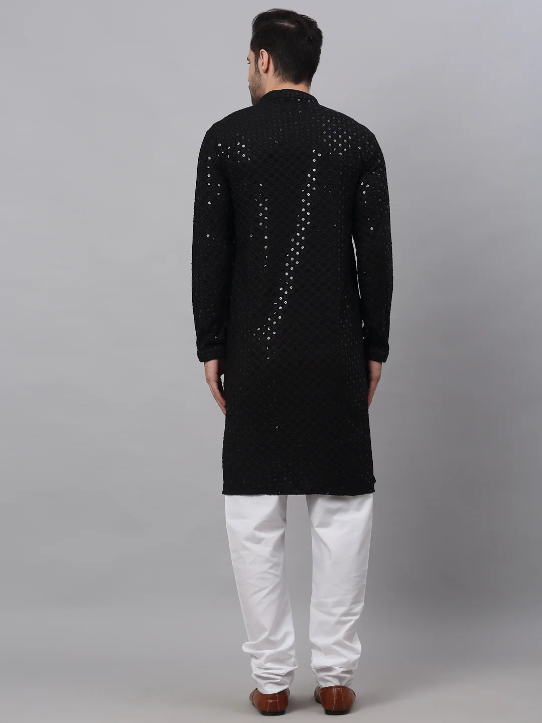 men black chikankari embroidered sequins kurta with churidar