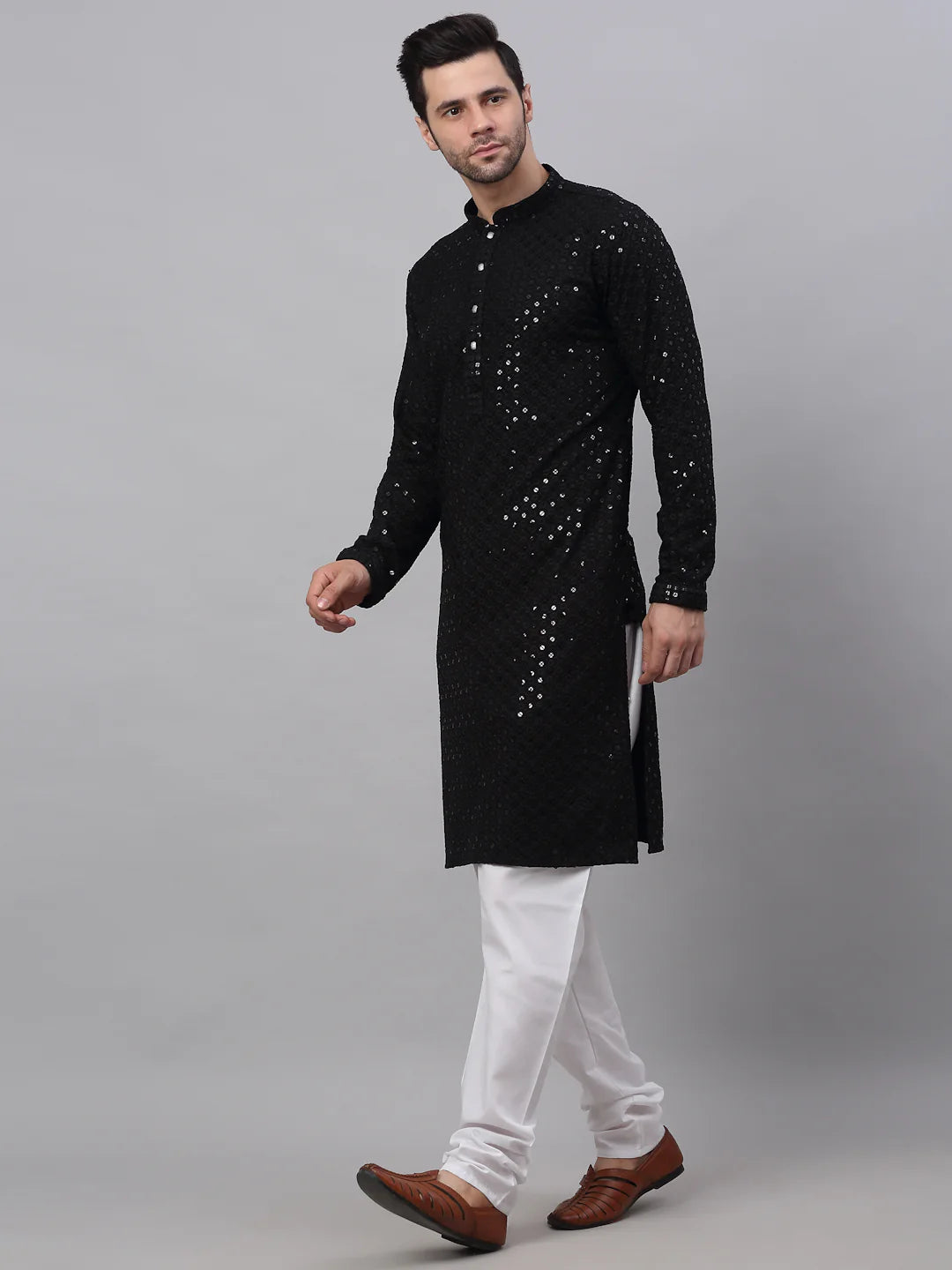 men black chikankari embroidered sequins kurta with churidar