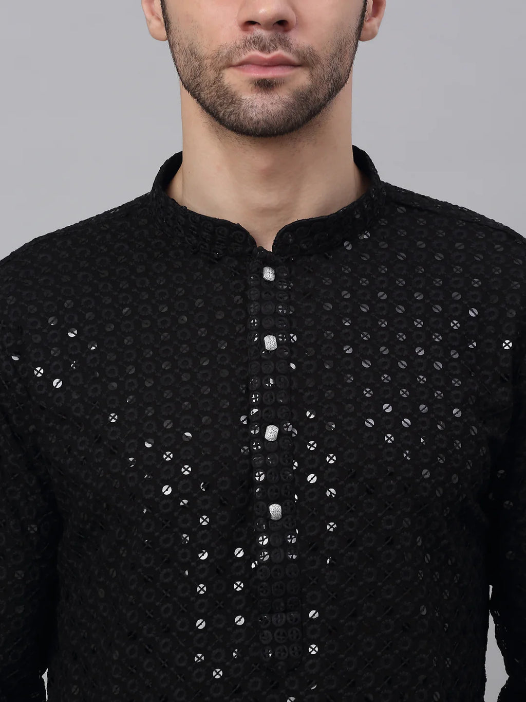 men black chikankari embroidered sequins kurta with churidar