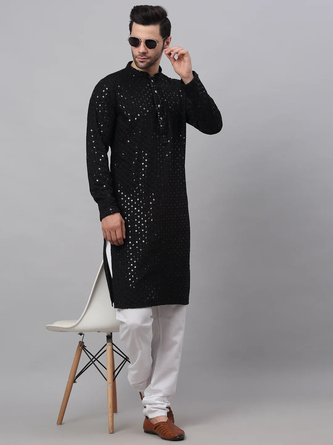 men black chikankari embroidered sequins kurta with churidar