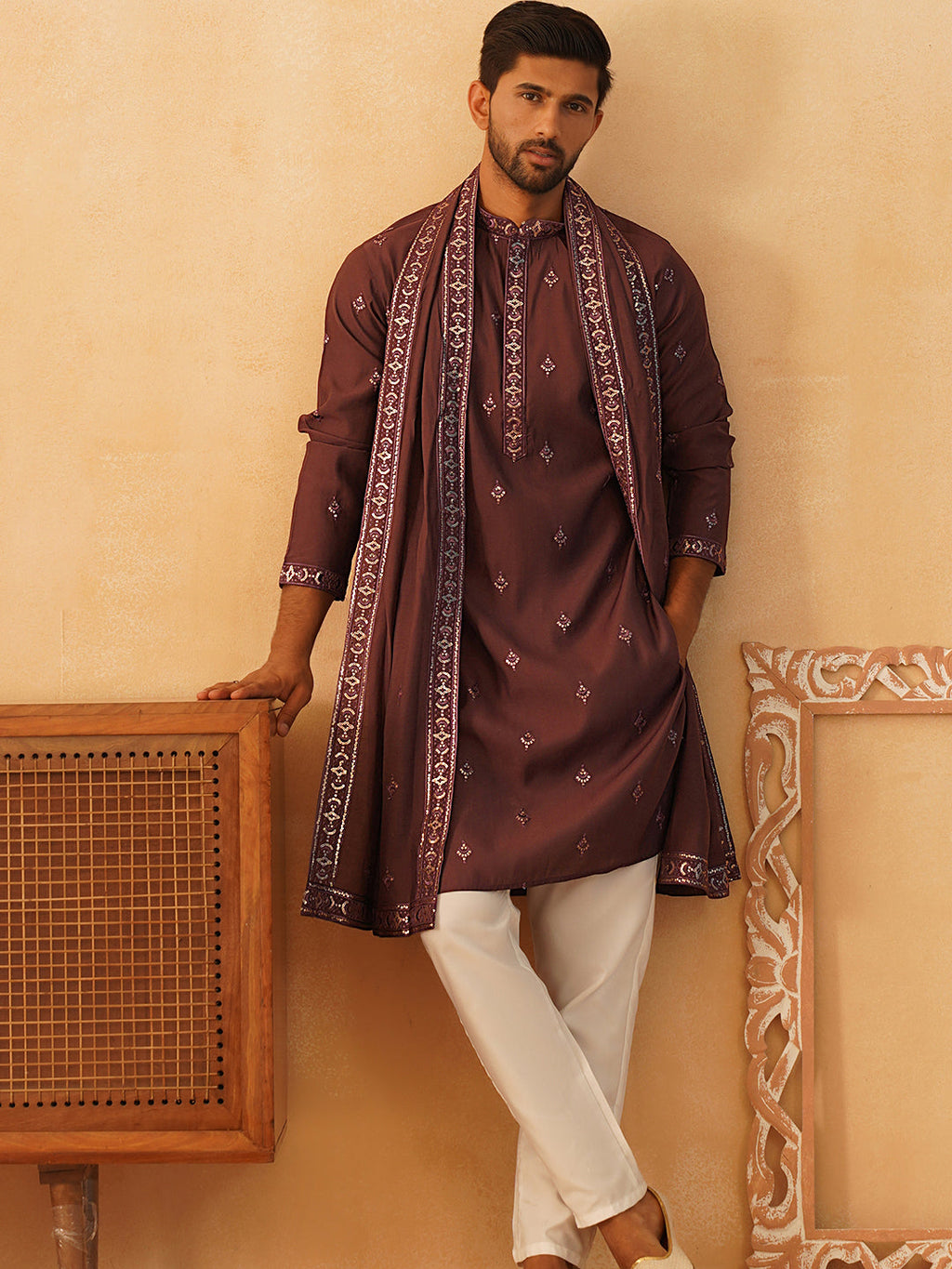 embroidered sequin kurta pyjama with dupatta purple