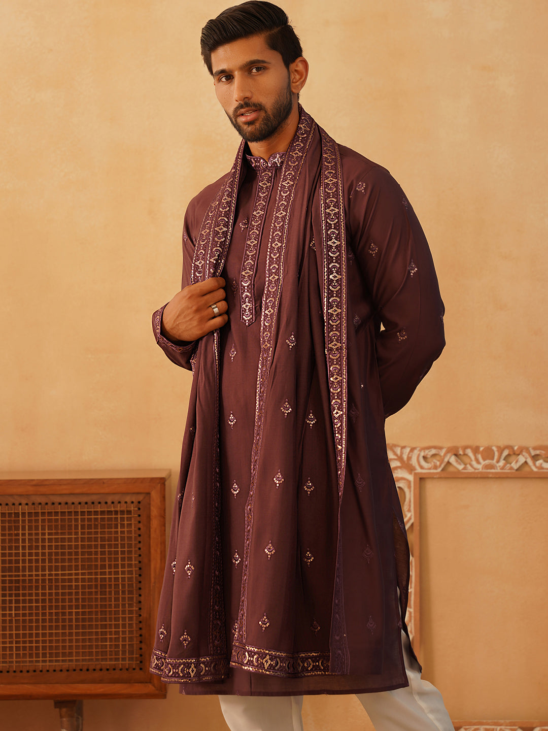 embroidered sequin kurta pyjama with dupatta purple