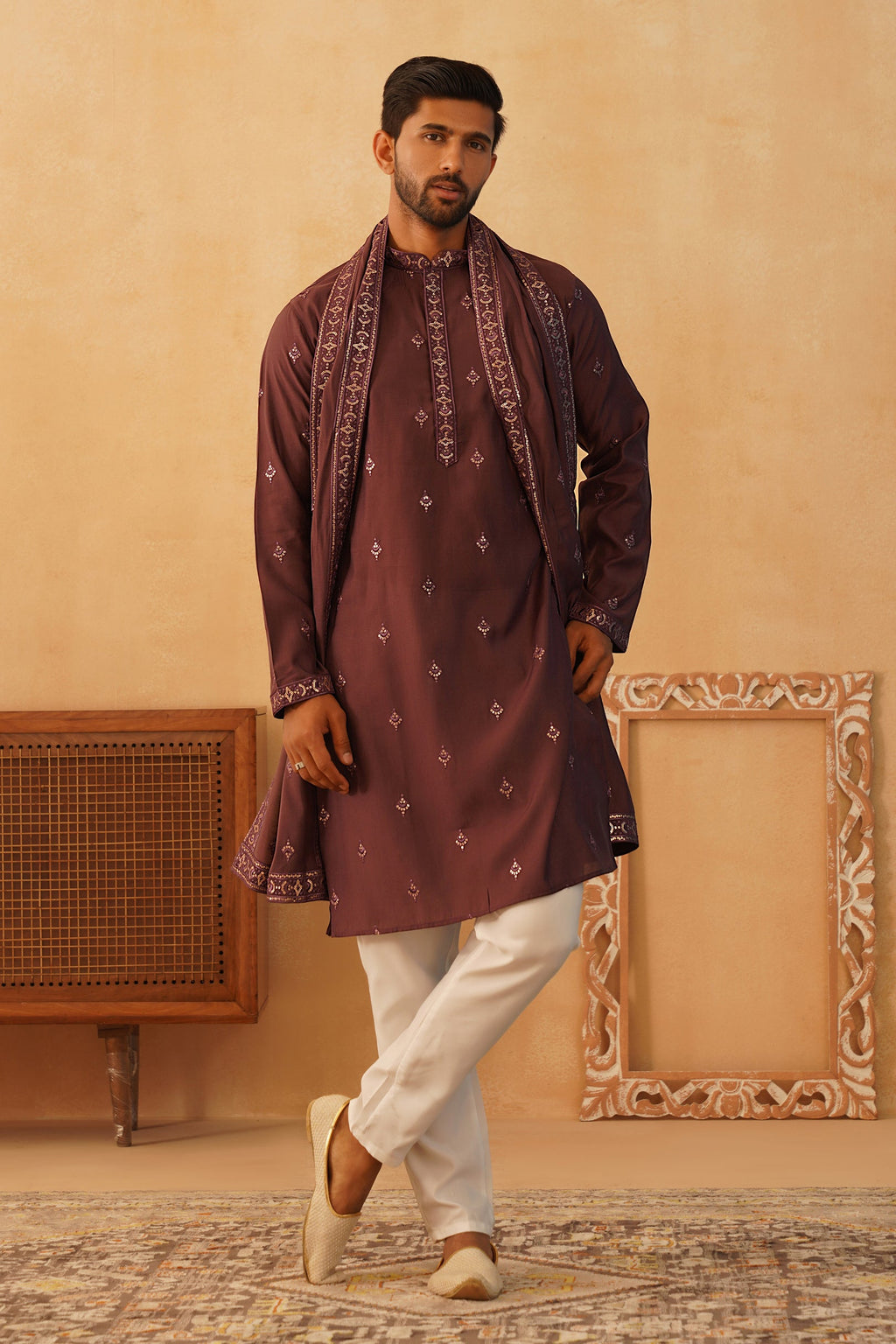 embroidered sequin kurta pyjama with dupatta purple