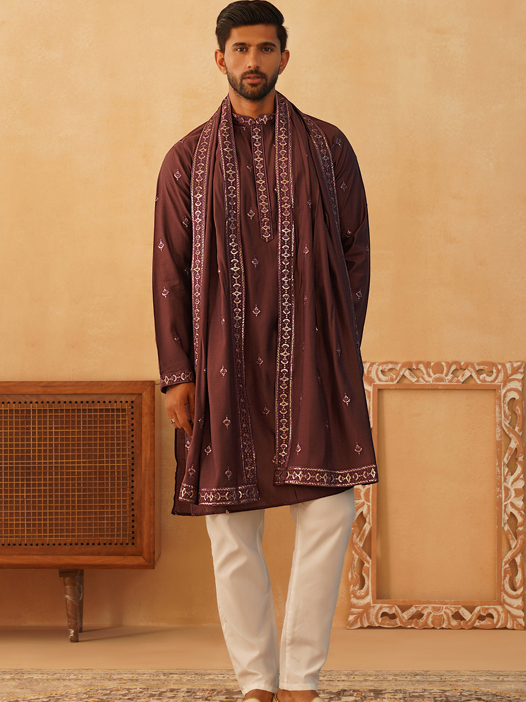 embroidered sequin kurta pyjama with dupatta purple