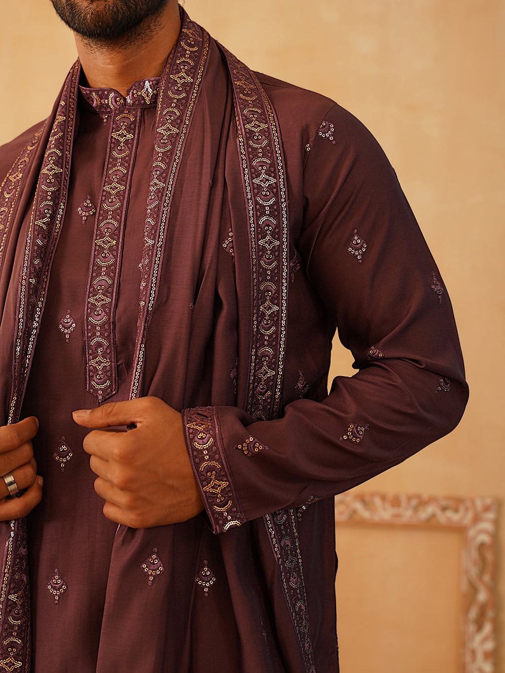 embroidered sequin kurta pyjama with dupatta purple