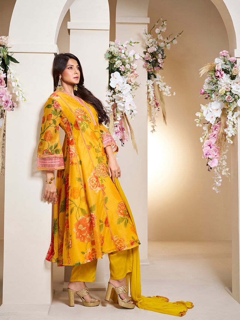 yellow colour floral printed flared anarkali kurta with palazzos dupatta