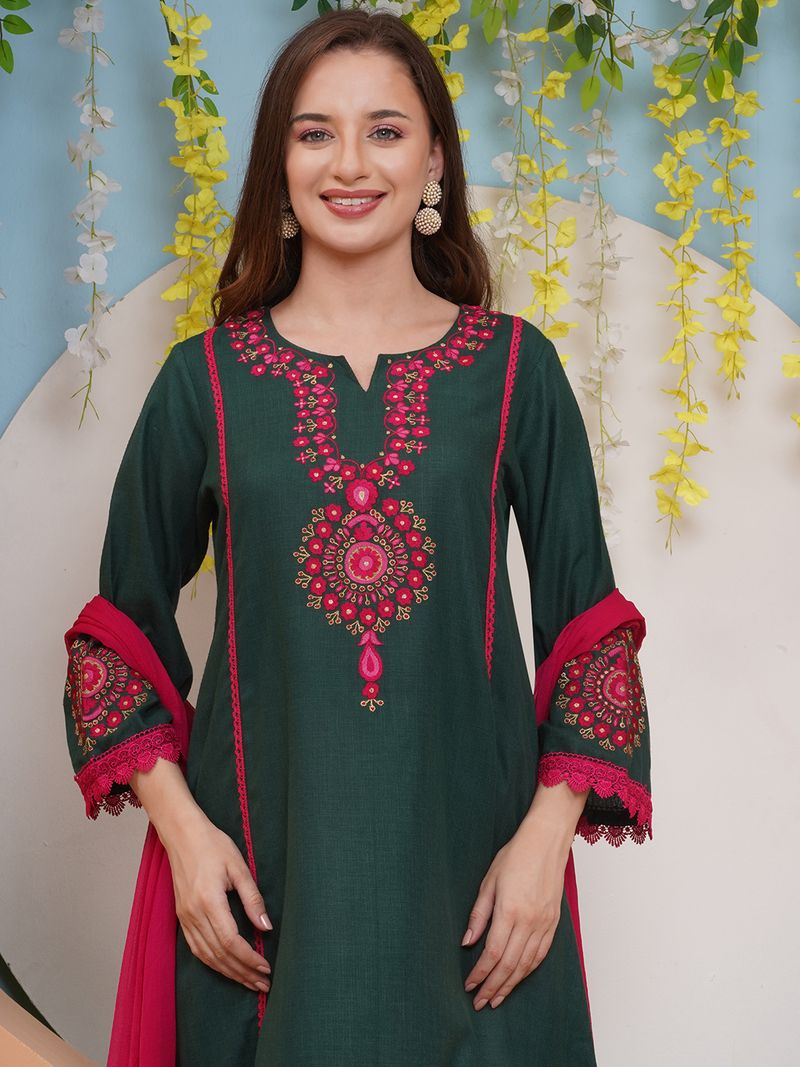 green pink embroidered kurta set