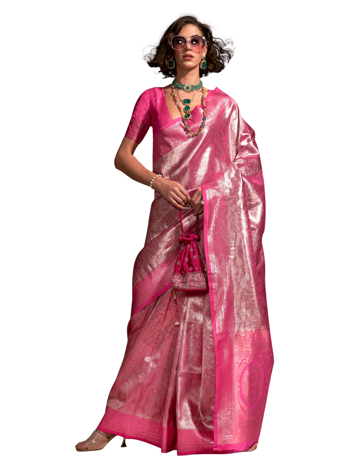 kanjeevaram silk pink wovendesign designer saree with blouse piece knjpurm358001