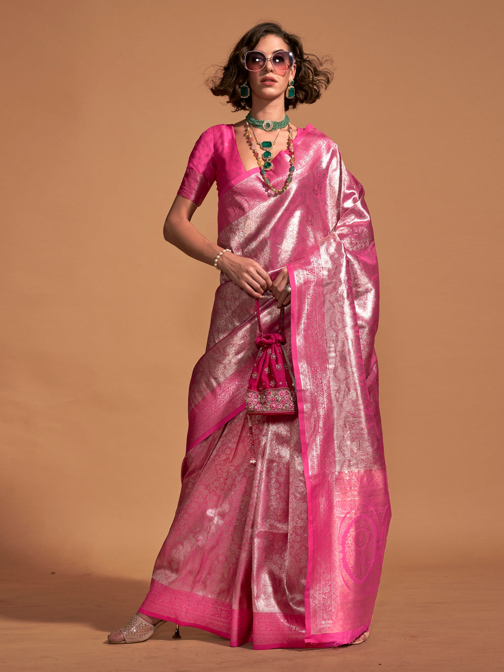 kanjeevaram silk pink wovendesign designer saree with blouse piece knjpurm358001