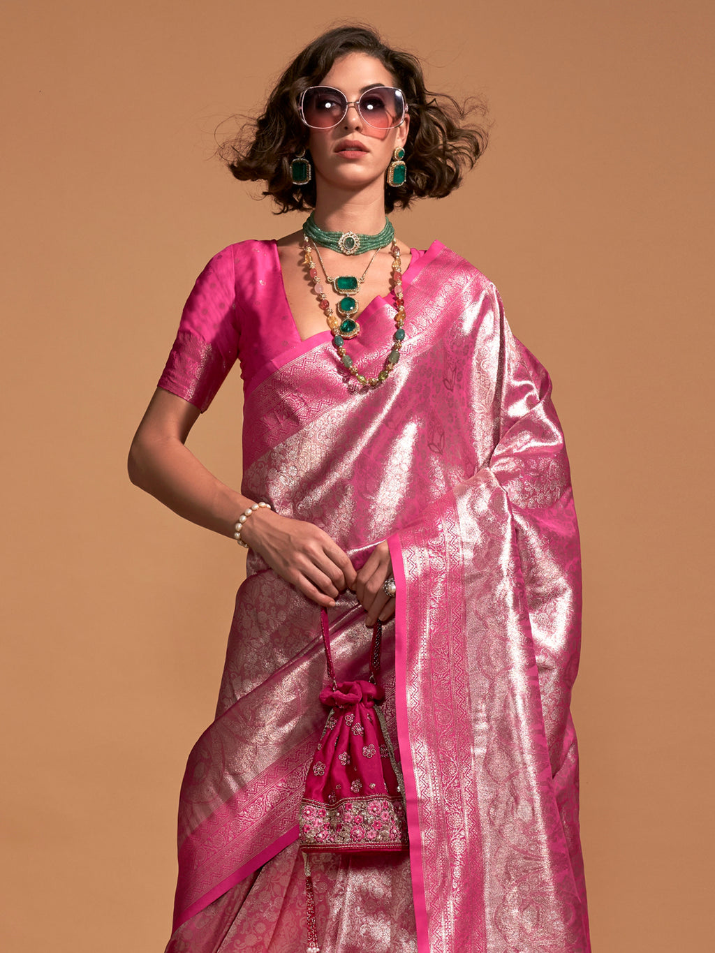 kanjeevaram silk pink wovendesign designer saree with blouse piece knjpurm358001
