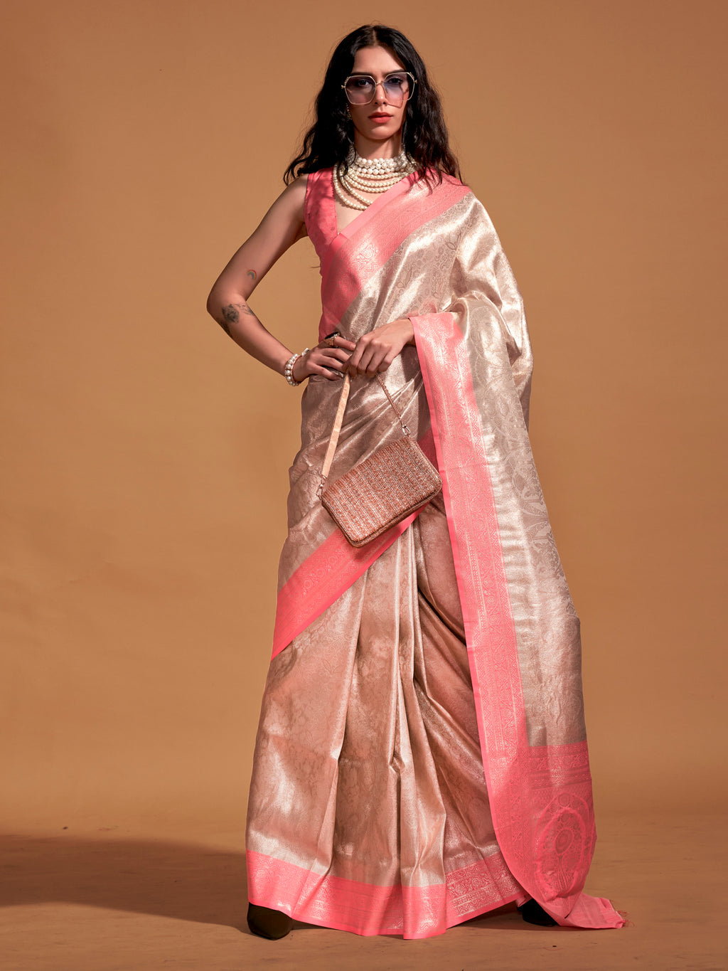 kanjeevaram silk cream wovendesign designer saree with blouse piece knjpurm358003
