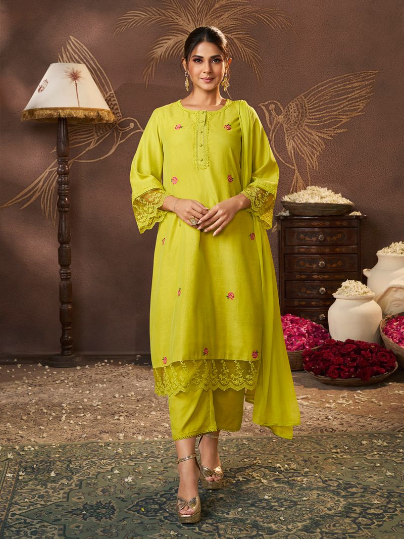 lime yellow embroidered kurta set