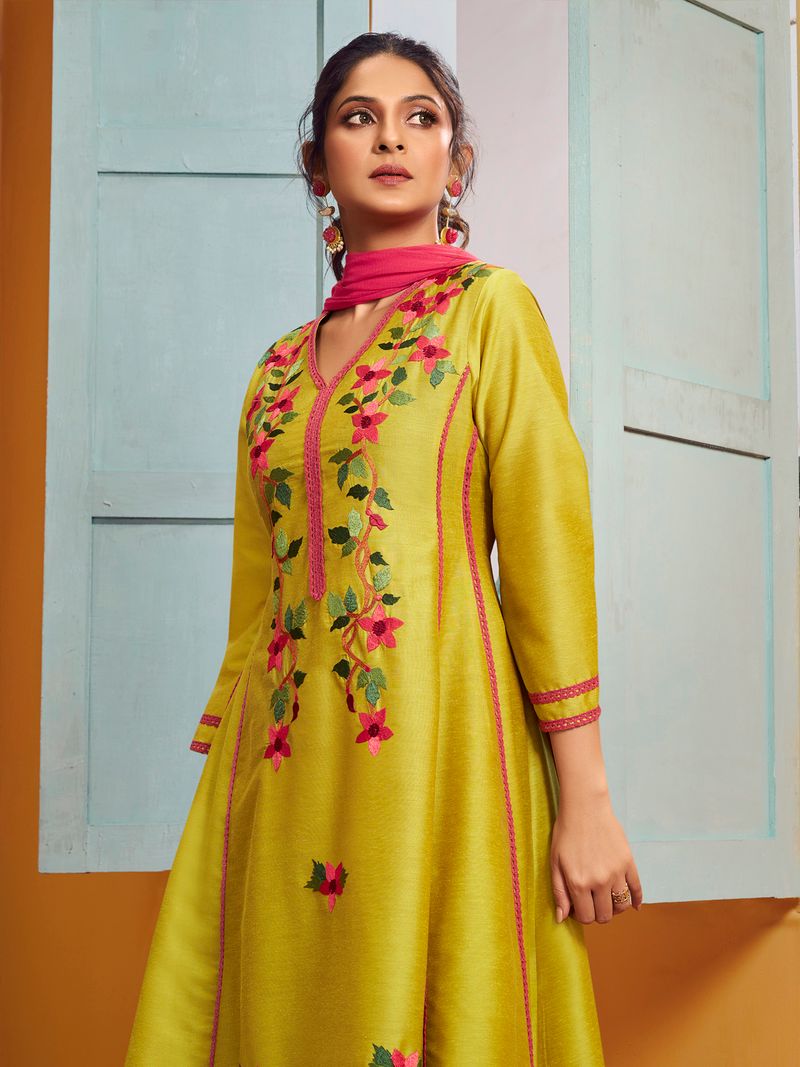yellow embroiderd anarkali flared kurta with palazzos dupatta