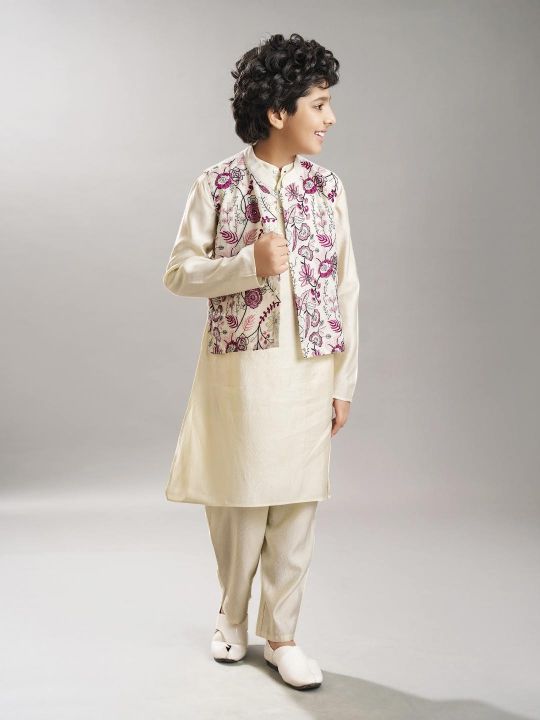 full sleeves booti embroidered straight cut kurta pyjama with jacket offwhite