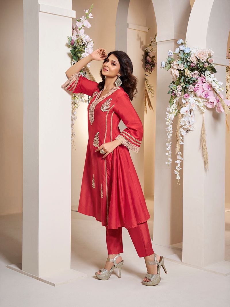 red colour embroiderd anarkali flared kurta with palazzos
