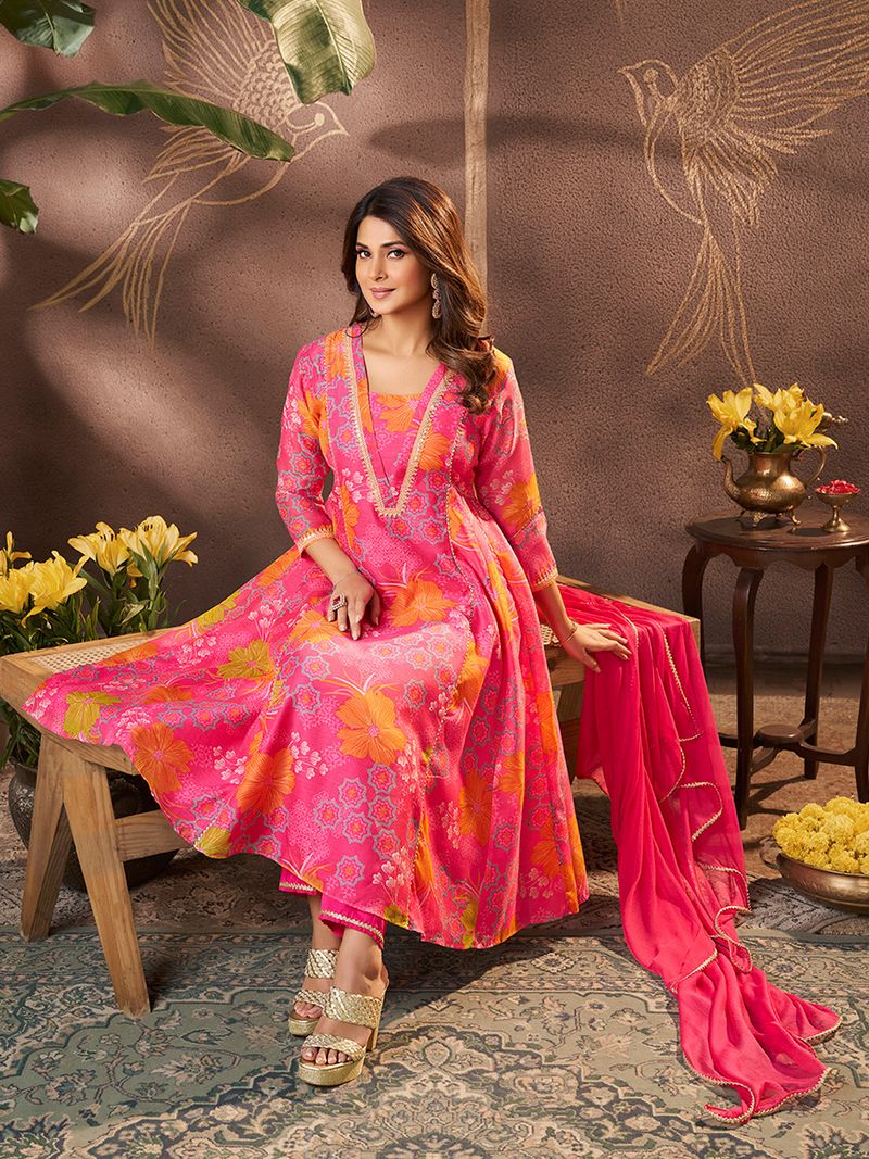 pink printed anarkali kurta set
