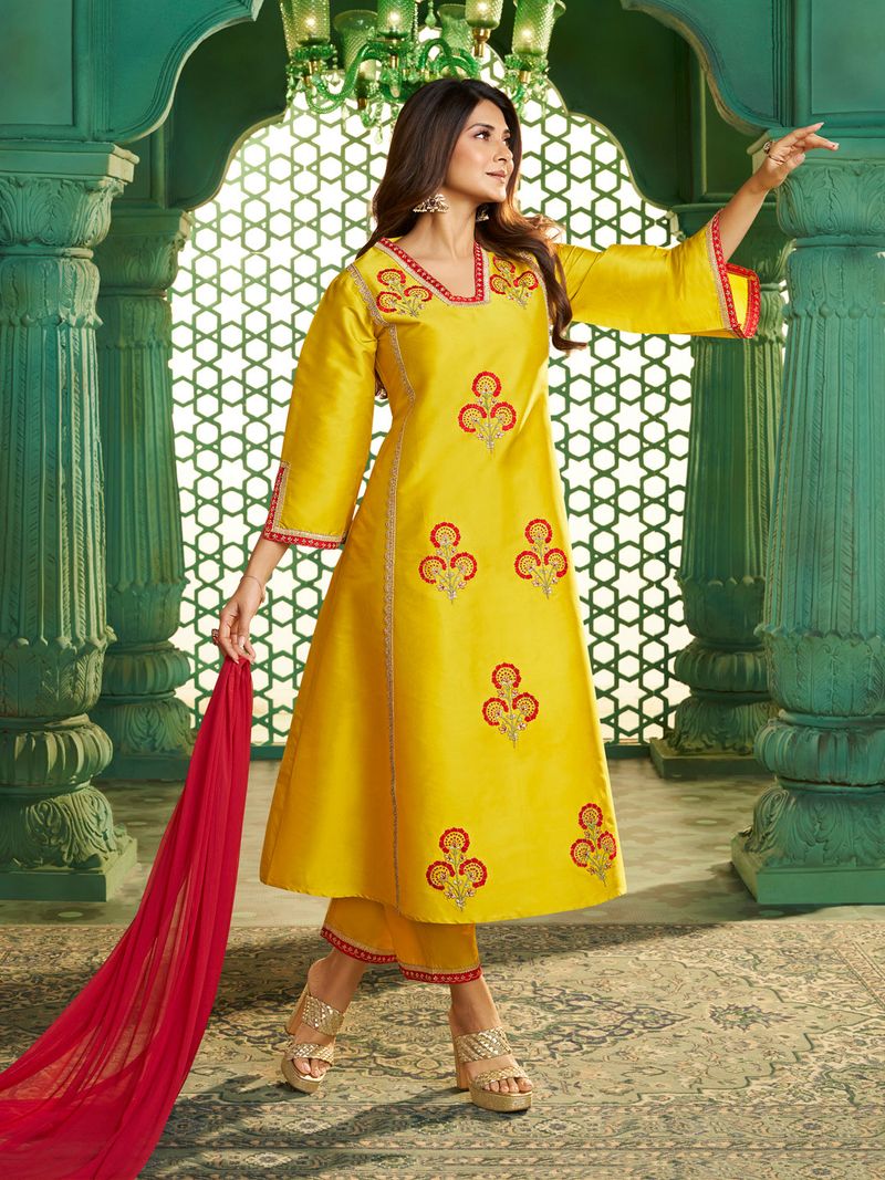 yellow embroidered kurta set