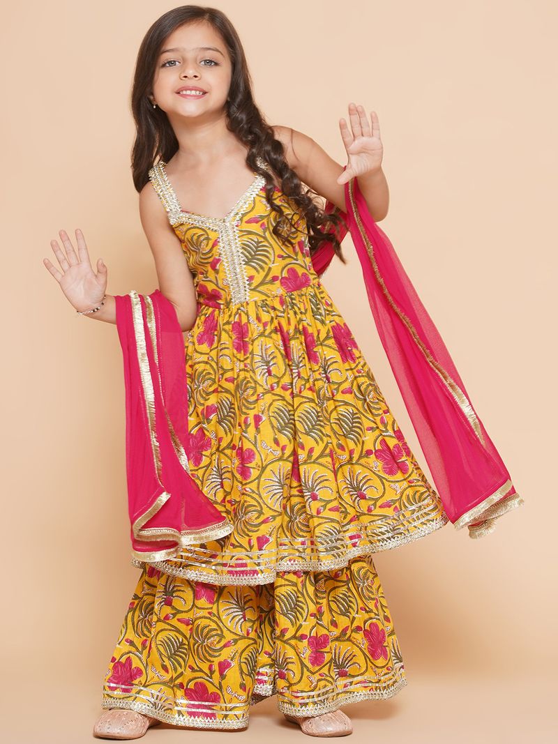 yellow floral printed empire gotta patti pure cotton kurta with sharara with dupatta