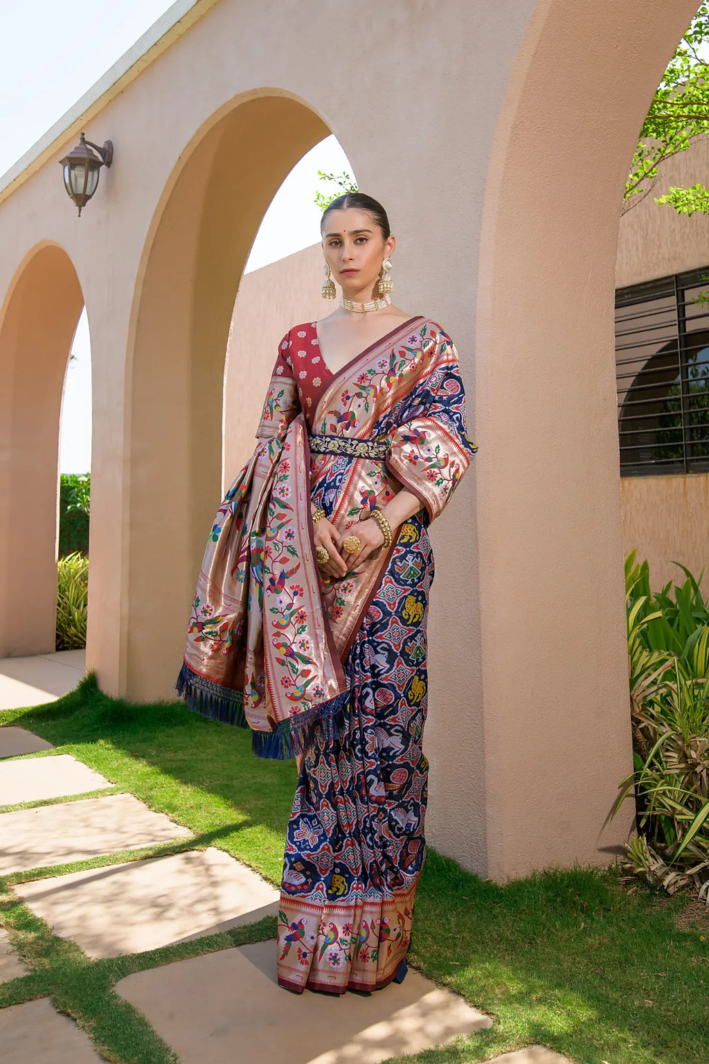 Navy Blue Paithani Silk Saree With Blouse Piece For Women
