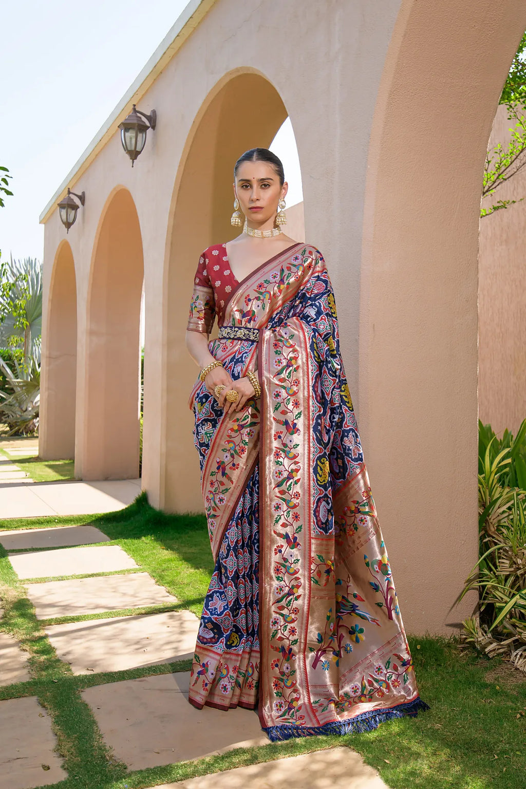 Navy Blue Paithani Silk Saree With Blouse Piece For Women