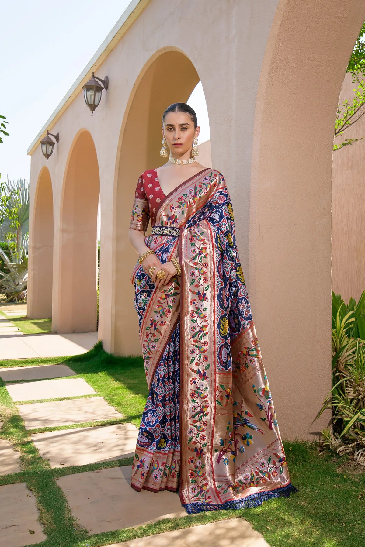 Navy Blue Paithani Silk Saree With Blouse Piece For Women