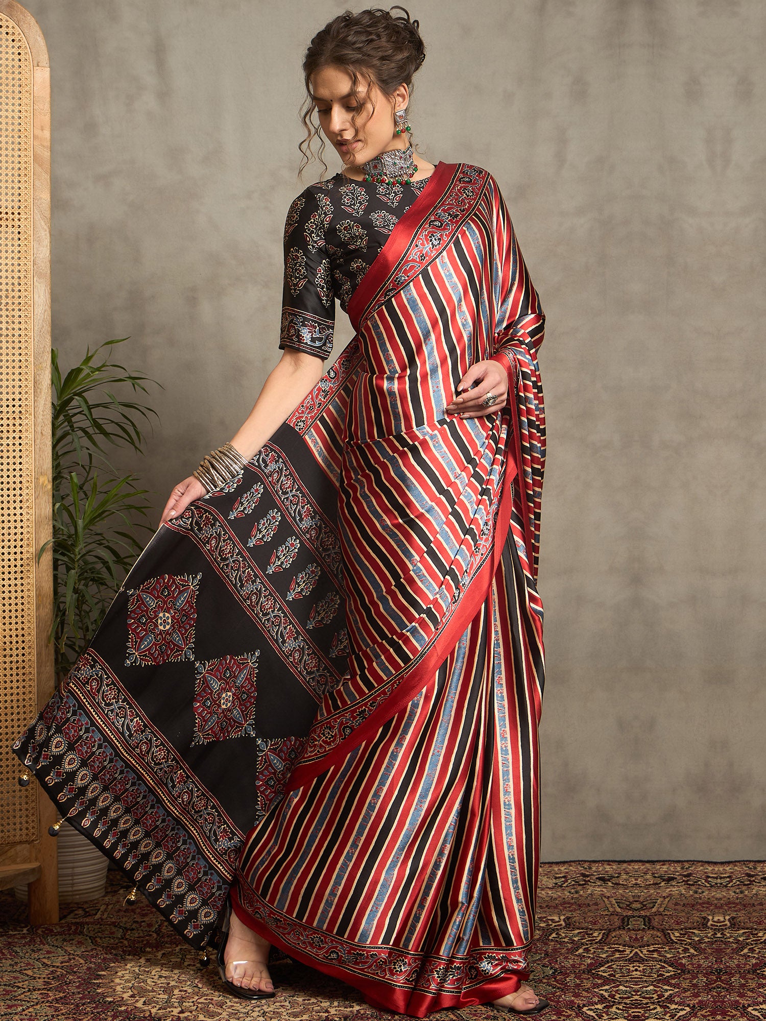 pure crepe maroon printed designer saree with blouse piece norajrk101