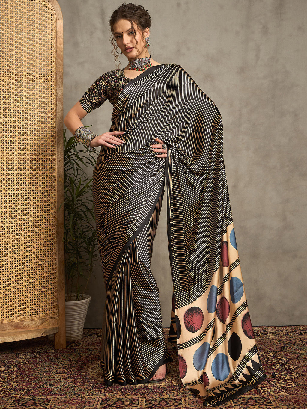 pure crepe black printed designer saree with blouse piece norajrk102