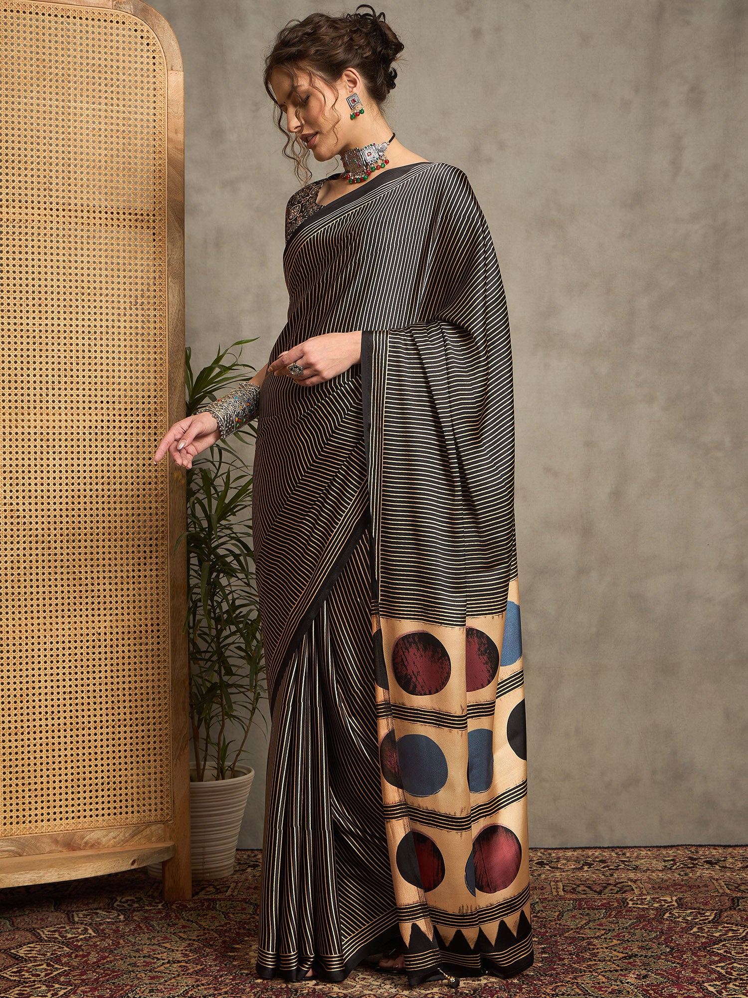 pure crepe black printed designer saree with blouse piece norajrk102