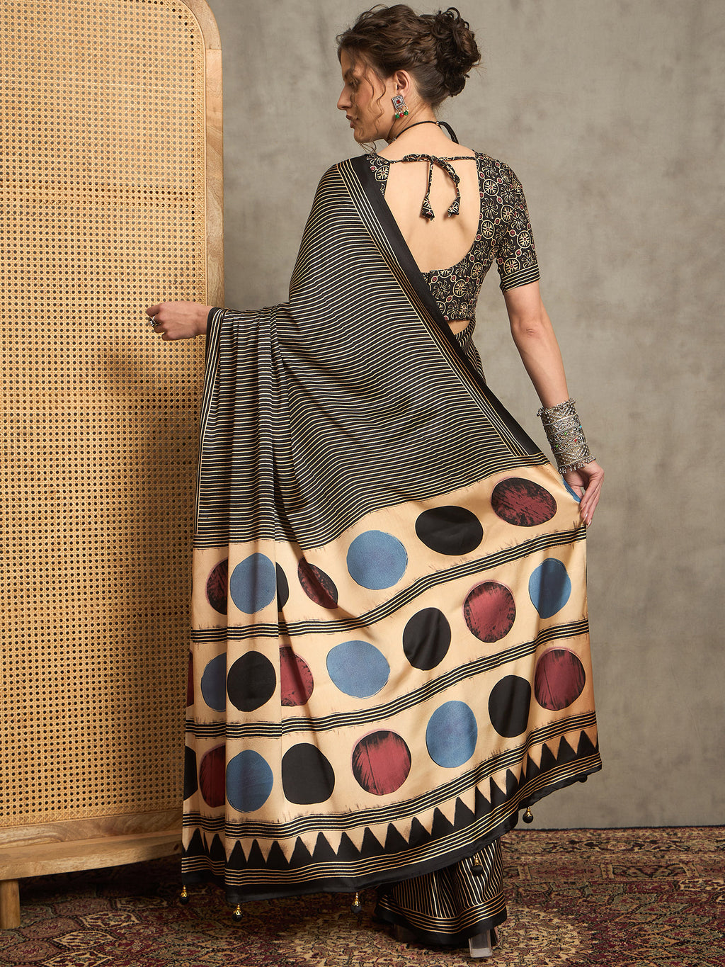pure crepe black printed designer saree with blouse piece norajrk102