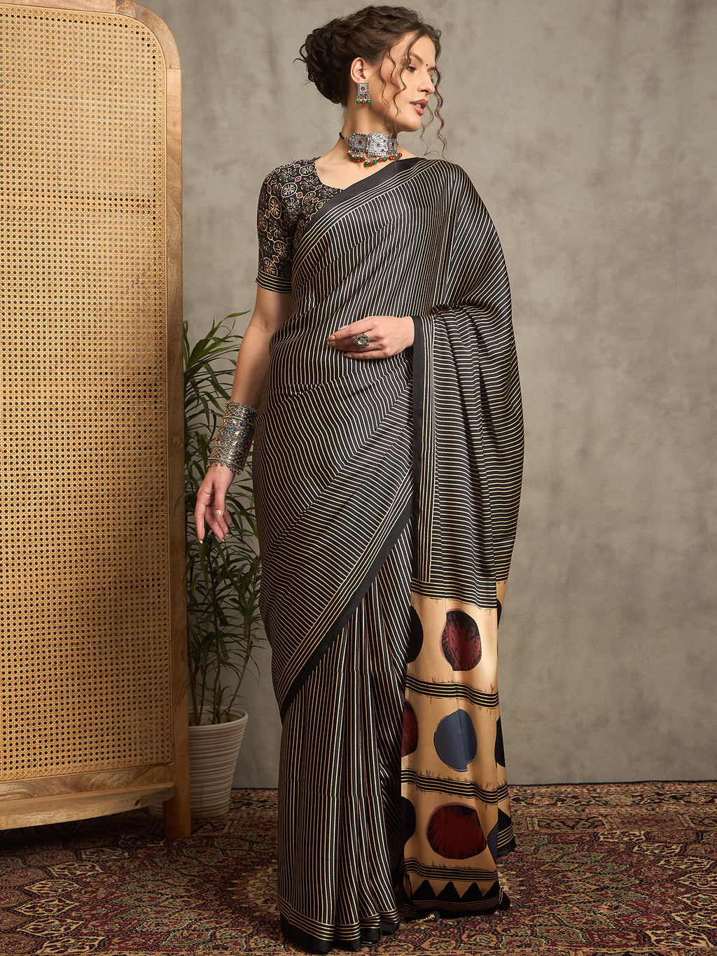 pure crepe black printed designer saree with blouse piece norajrk102