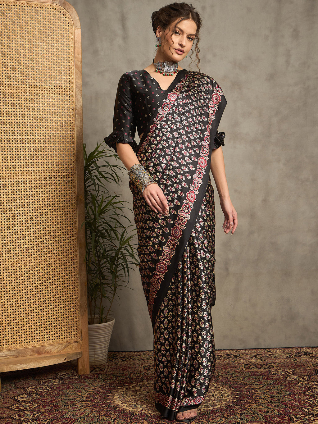 pure crepe black printed designer saree with blouse piece norajrk103
