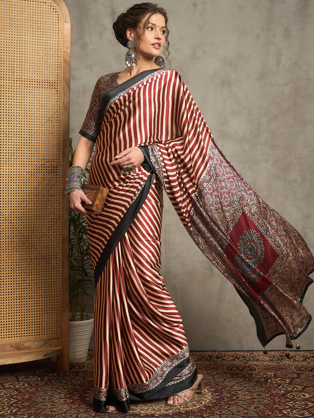pure crepe maroon printed designer saree with blouse piece norajrk104