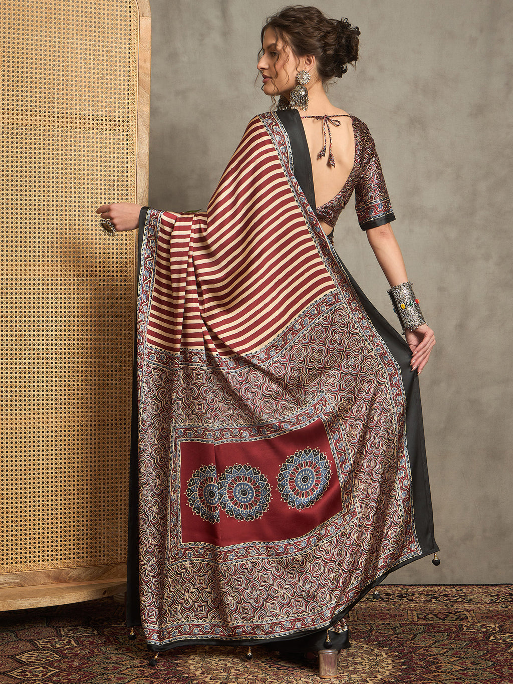 pure crepe maroon printed designer saree with blouse piece norajrk104