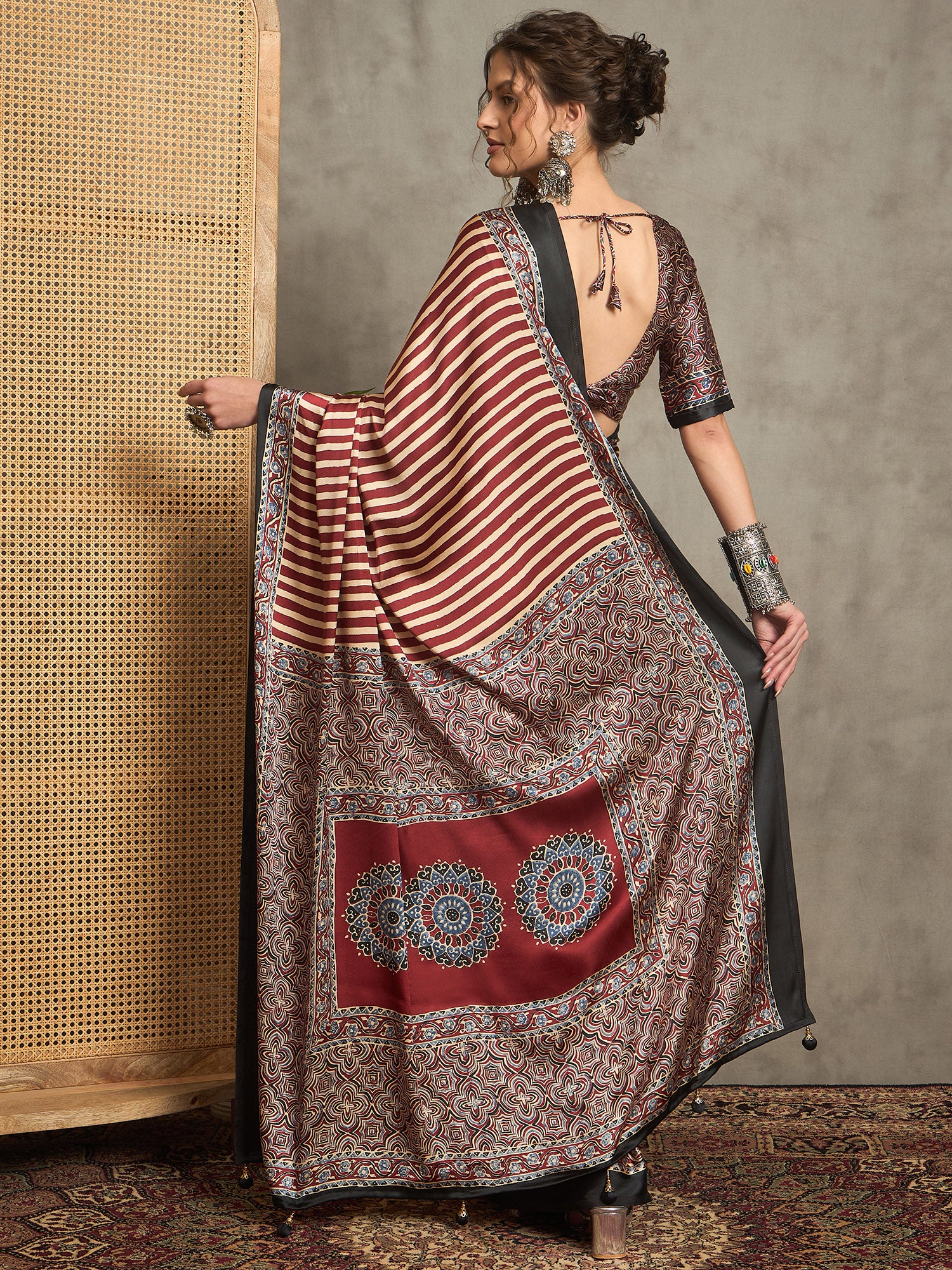 pure crepe maroon printed designer saree with blouse piece norajrk104